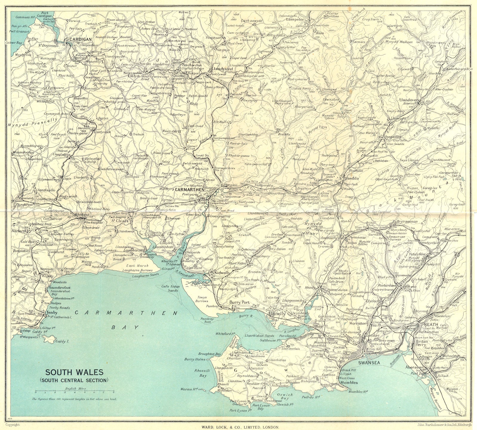 SOUTH WALES Cardigan Swansea Neath Carmarthen Llanelli Tenby. WARD LOCK 1950 map
